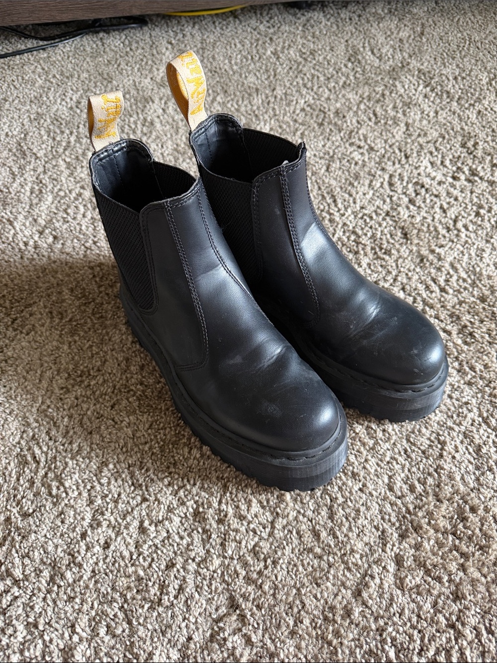 Doc Martin Black Platform Chelsea Boots with Yellow Pull Tabs